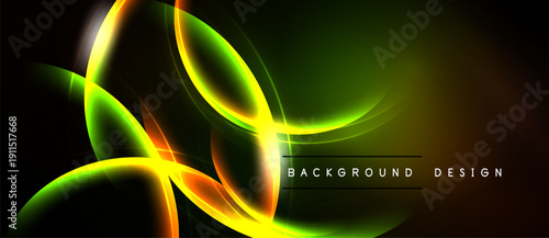 Abstract neon lines create dynamic flow. Vivid green, yellow, orange hues blend against dark backdrop. Modern design element.