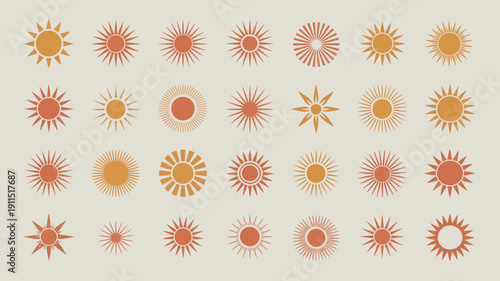 An array of stylized sun icons in varying shades of orange and yellow are arranged against a cream colored background high quality professional detailed modern elegant