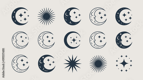 An assortment of celestial shapes including moons in various phases stars and sunbursts are displayed in a dark blue hue high quality professional detailed modern elegant