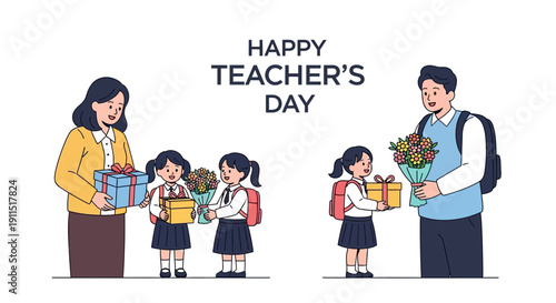 Happy Teacher's Day Illustration: Students giving appreciation gifts and flowers to male and female teachers.