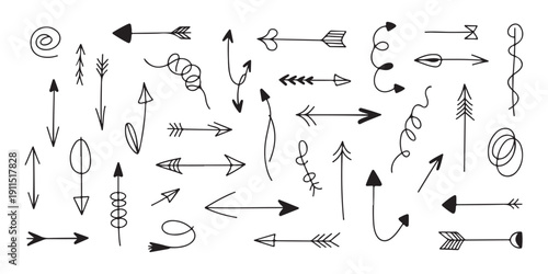 Doodle arrow collection with hand drawn sketch elements featuring various pointers symbols and creative icons