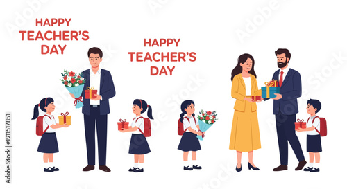 Students Giving Gifts and Flowers to Teachers on Happy Teacher's Day. Education appreciation vector illustration.