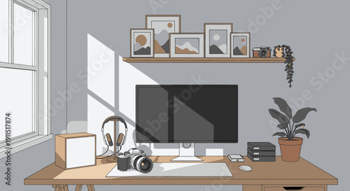 Modern Desk with Computer and Accessories.