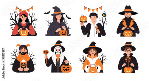 Halloween Characters Vector Set: People in Costumes Holding Jack-O'-Lantern Buckets for Trick or Treat Party. Witch, Vampire, Skeleton Avatars Collection.