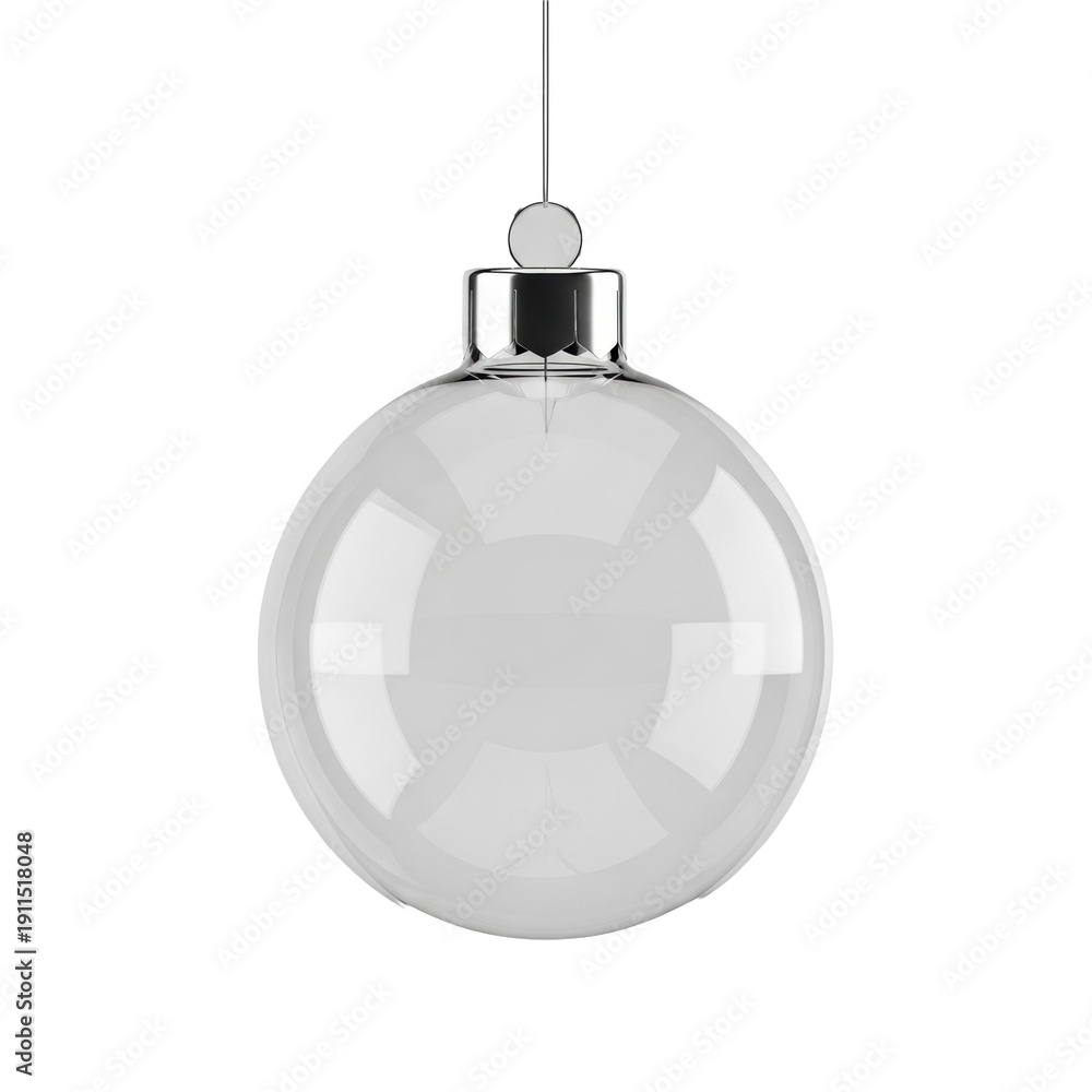 Obraz premium Pristine, perfectly spherical, transparent glass christmas ornament with a gleaming silver cap, suspended against a solid transparent background in shadowless studio light. Concept for customizable