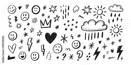 Doodle icons set with happy faces stars and lightning symbols hand drawn isolated on white background vector