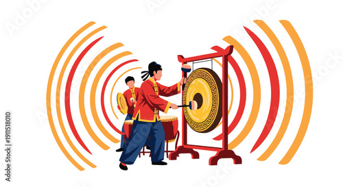 Two Musicians Playing Gong Instrument Together.