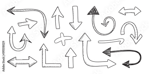 Selection of sketched arrows in various styles, including shaded, simple, and curved directional pointers