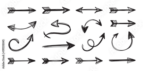 Set of hand drawn arrow doodles with vintage feathered tails and rustic tribal design elements for decoration
