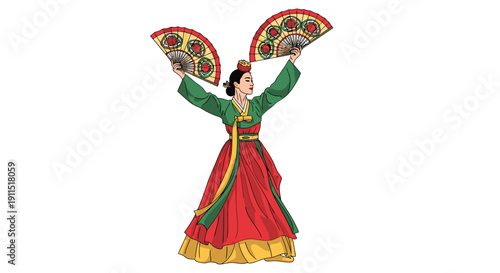 Woman in Traditional Dress Dancing with Fans 1.