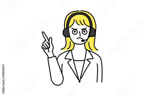 コールセンターで電話対応するテレオペ女性の上半身ベクターイラスト_ポイント_指し示す_怒り顔