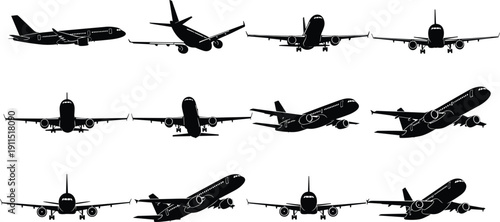 Set of Commercial Airplane Silhouettes Featuring Various Perspectives of Flight Takeoff and Landing for Aviation Industry Travel Logistics Transportation and Airline Marketing Design Projects