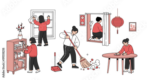 Woman Cleaning House with Various Tasks.