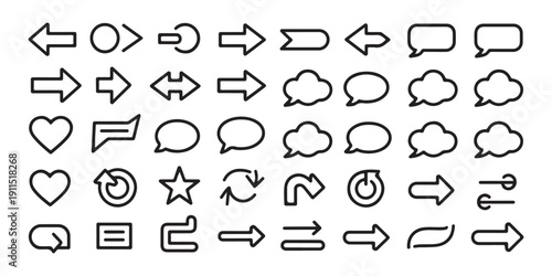 Set of black outline icons. includes arrows chat bubbles hearts stars and brackets for various design purposes