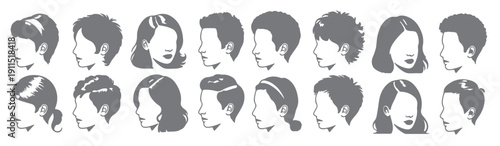 sixteen grey silhouettes of male and female heads profile