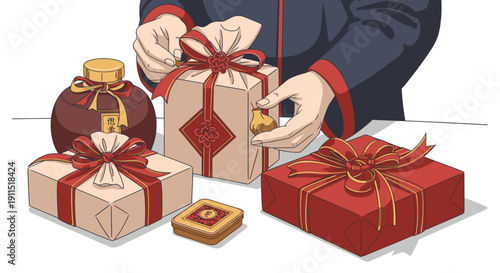 Person Wrapping Gifts with Red Ribbon.