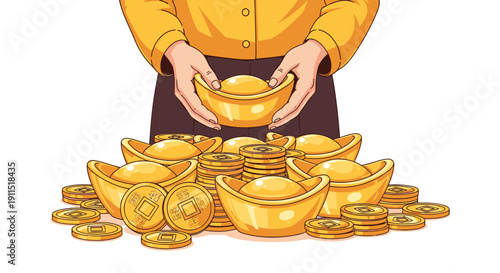 Person Holding Golden Bowl Amidst Coins.