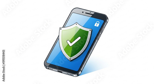 Mobile phone with green shield and checkmark on screen symbolizing security and protection with a blue background and white space