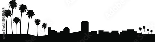 Tropical city skyline silhouette with palm trees and urban buildings, black coastal downtown panorama isolated on white background for travel, summer and architecture design.