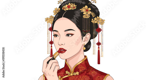 Woman Applying Lipstick in Traditional Chinese Attire.