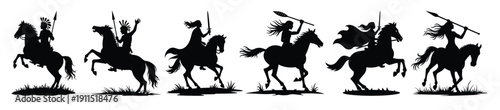 Six Silhouettes of Warriors on Horseback with Spears and Swords