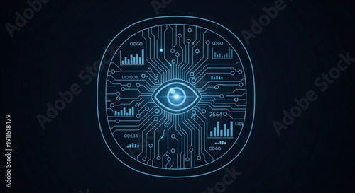Glowing blue circuit board eye with graphs and data on dark background symbolizing technology and data analysis