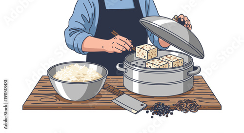 Chef Preparing Steamed Dumplings in Steamer.