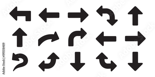 Collection of simple black arrows pointing in various directions on white background vector graphics