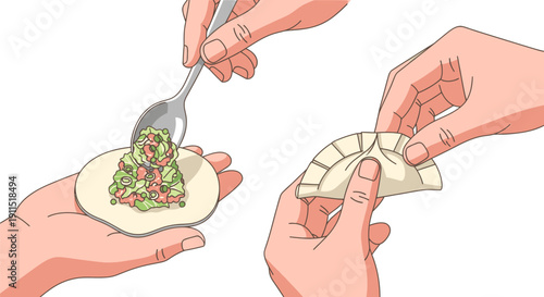 Hands Preparing Dumplings with Spoon and Filling.