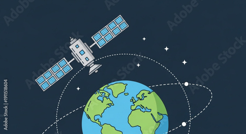 Satellite orbiting earth with solar panels in space stars and trajectory path visible technology and communication concept