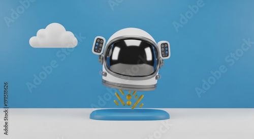 Astronaut helmet hovers on blue platform with yellow flames against a blue background with a white cloud