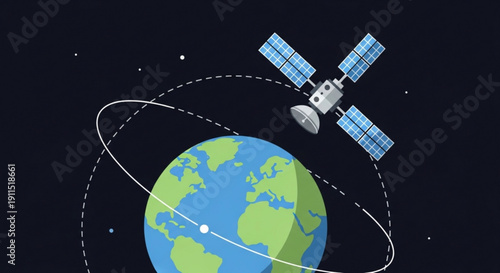 Satellite orbiting earth in space with solar panels and communication equipment