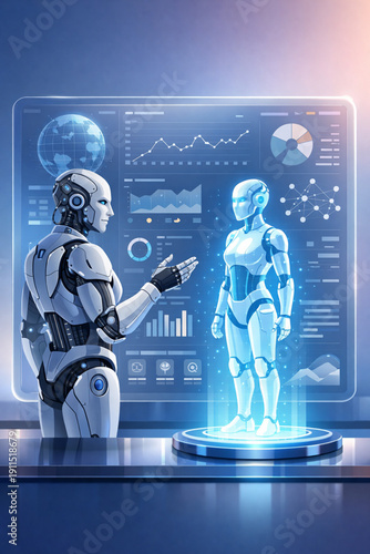 Vector Illustration of a senior AI robot mentoring a new AI model displayed as hologram on large analytics dashboard