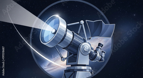 Astronomical telescope shining bright beam of light in dark space with stars science and discovery concept