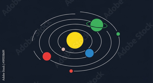 Solar system model with colorful planets orbiting the sun in space
