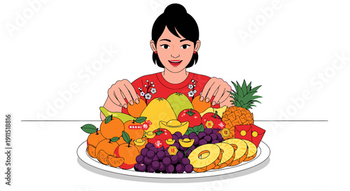Woman Enjoying Fresh Fruit Platter Delicately.