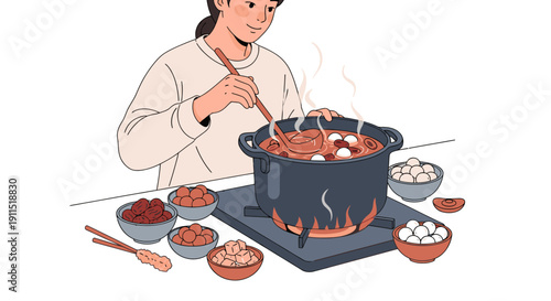 Woman Cooking Hot Pot with Various Ingredients.