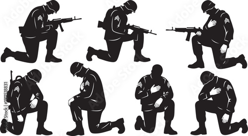 Soldiers in Various Kneeling Positions with Weapons Silhouettes