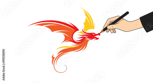 Hand Drawing Phoenix with Pen on White.