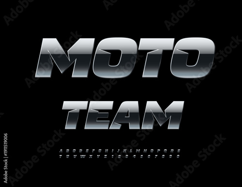Vector Modern concept Moto Team. Dark Metallic Font. Dynamic Iron Alphabet Letters and Numbers set. 