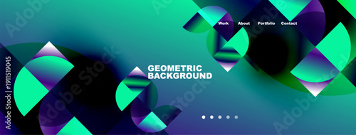 Abstract geometric background features vibrant teal, purple gradients. Navigation menu present. Modern design elements dominate composition.