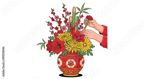 Photos Hand Arranging Flowers in Decorative Vase.