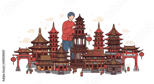 Woman Standing on Chinese Temple Structure.
