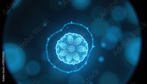 Abstract glowing blue cell structure with intricate details and outer membrane under microscopic view with soft bokeh