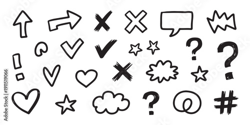 Thick black hand drawn icons and symbols set containing arrows hearts stars and speech bubbles vector graphic