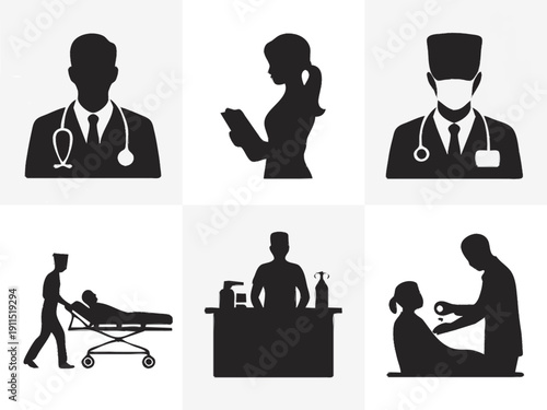 medical professional silhouette vector designs: doctor with stethoscope, nurse holding clipboard, surgeon with mask, paramedic pushing stretcher, pharmacist behind counter, doctor checking patient