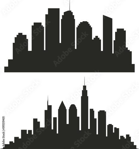 Urban city skyline silhouette set with modern skyscrapers, black downtown building outlines collection isolated on white background for architecture, real estate and business design.