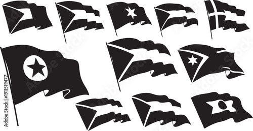 Black and white flags with various symbols and designs