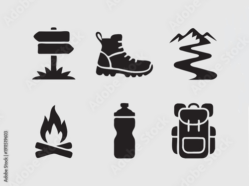 trail signpost with arrows, trekking boot (alternate design), zigzag mountain road shape, small campfire, water bottle (alternate design), and backpack (alternate design)