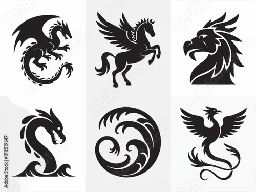 1) dragon side view with wings; 2) pegasus rearing; 3) griffin profile; 4) sea serpent from waves; 5) phoenix-like bird with long tail
